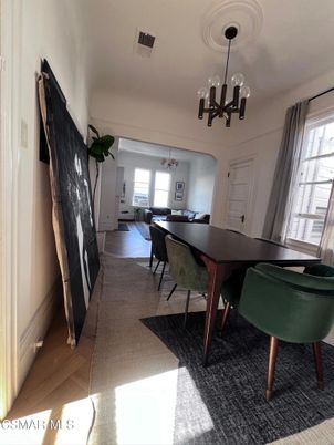 Dining room, Interior, Pendant Lights, Wood Texture Flooring