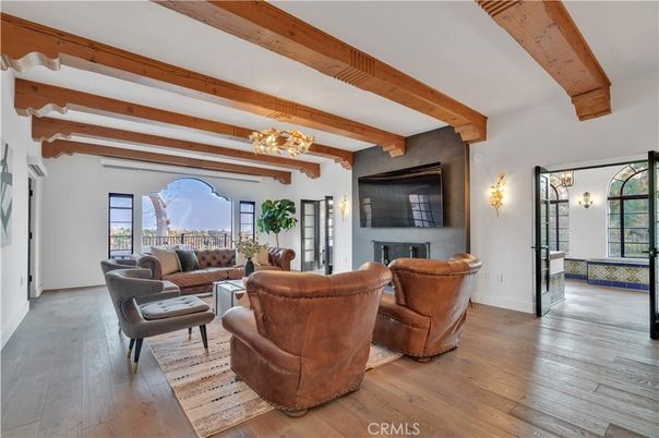 Chandelier, Interior, Living room, Wooden Beams, Wood Texture Flooring