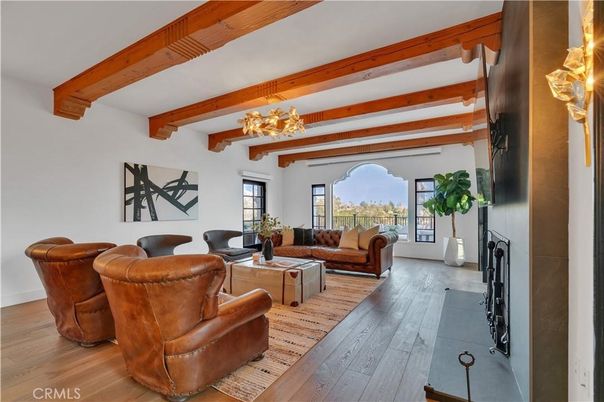 Chandelier, Fireplace, Interior, Living room, Wooden Beams, Wood Texture Flooring