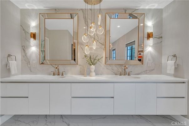 Bathroom, Dual Sink Vanities, Interior, Marble, Marble Walls, Pendant Lights