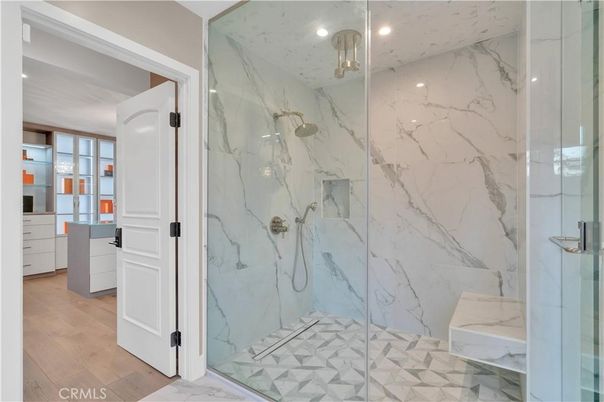 Bathroom, Glass Shower, Interior, Marble, Marble Walls, Recessed Lighting, Wood Texture Flooring