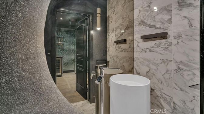 Bathroom, Glass Shower, Interior, Marble, Marble Walls, Wood Texture Flooring
