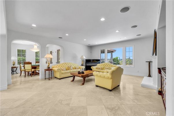 Chandelier, Dining room, Fireplace, Interior, Living room, Recessed Lighting