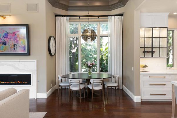 Dining room, Fireplace, Interior, Pendant Lights, Recessed Lighting, Wood Texture Flooring