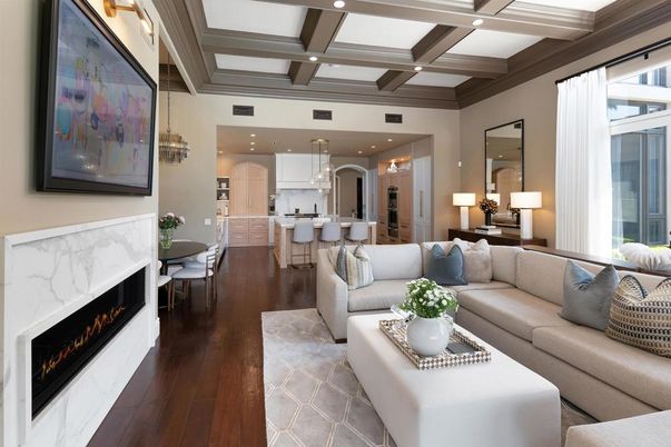 Dining room, Fireplace, Interior, Kitchen, Living room, Pendant Lights, Recessed Lighting, Wooden Beams, Wood Texture Flooring
