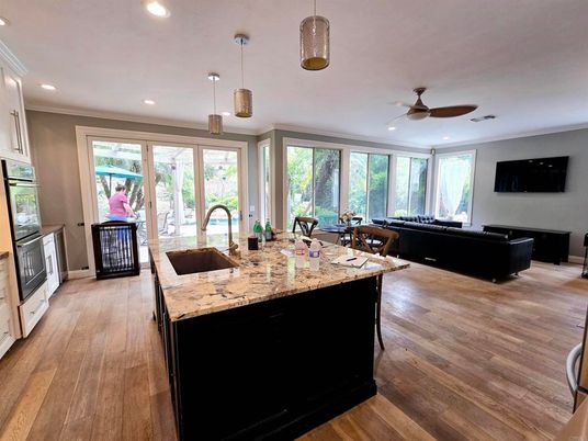 Interior, Kitchen, Living room, Pendant Lights, Recessed Lighting, Wood Texture Flooring