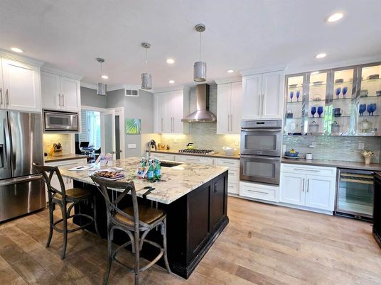 Interior, Kitchen, Pendant Lights, Recessed Lighting, Stainless Steel Appliances, Wood Texture Flooring