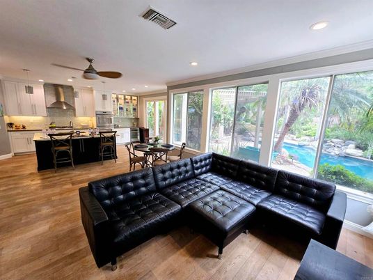 Dining room, Interior, Kitchen, Living room, Pendant Lights, Recessed Lighting, Stainless Steel Appliances, Wood Texture Flooring