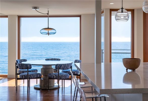 Dining room, Interior, Pendant Lights, Recessed Lighting, Water, Wood Texture Flooring