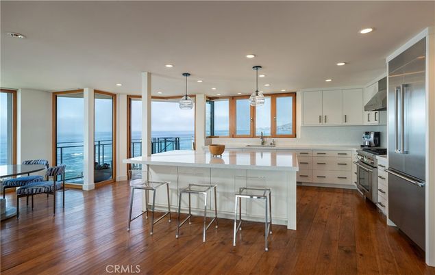 Interior, Kitchen, Pendant Lights, Recessed Lighting, Stainless Steel Appliances, Water, Wood Texture Flooring