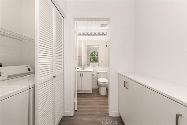 Bathroom, Interior, Utility Closets, Washer, Wood Texture Flooring