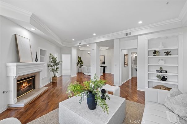 Fireplace, Interior, Living room, Recessed Lighting, Wood Texture Flooring