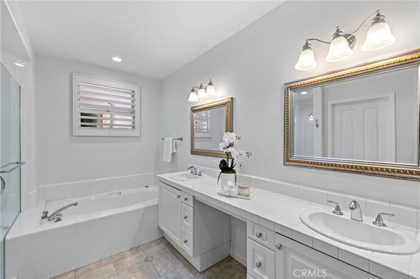 Bathroom, Dual Sink Vanities, Interior, Recessed Lighting, Tile Countertops