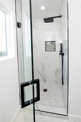 Bathroom, Glass Shower, Interior, Marble Walls, Recessed Lighting