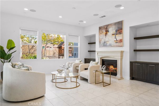 Fireplace, Interior, Living room, Marble, Recessed Lighting