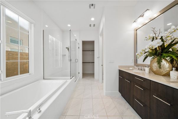 Bathroom, Dual Sink Vanities, Glass Shower, Interior, Marble, Recessed Lighting