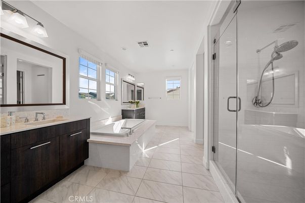 Bathroom, Dual Sink Vanities, Glass Shower, Interior, Marble, Recessed Lighting