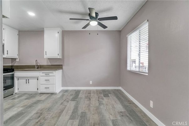 Empty room, Interior, Kitchen, Recessed Lighting, Wood Texture Flooring