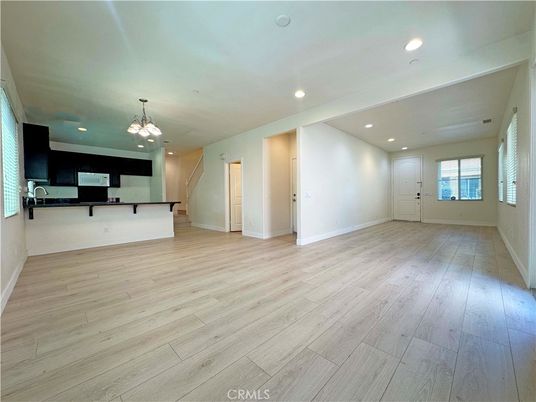 Chandelier, Empty room, Interior, Kitchen, Pendant Lights, Recessed Lighting, Wood Texture Flooring