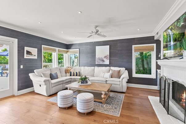Fireplace, Interior, Living room, Recessed Lighting, Wood Texture Flooring