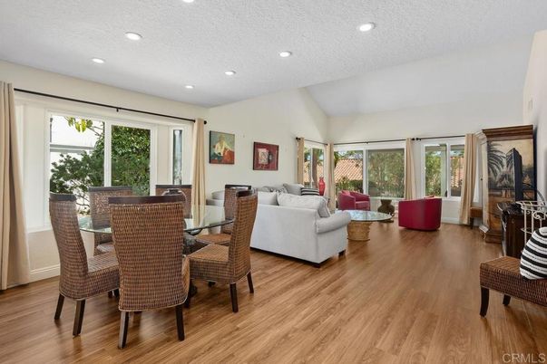Dining room, Interior, Living room, Recessed Lighting, Wood Texture Flooring