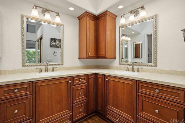 Bathroom, Dual Sink Vanities, Interior, Recessed Lighting, Wood Texture Flooring