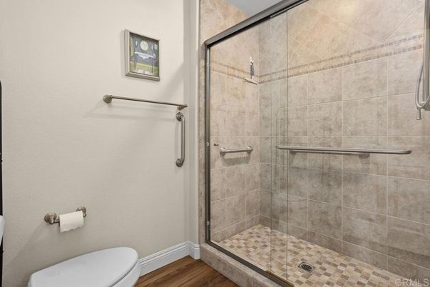 Bathroom, Glass Shower, Interior, Wood Texture Flooring