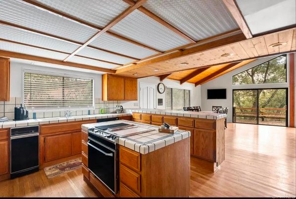 Interior, Kitchen, Tile Countertops, Wooden Beams, Wooden Ceilings, Wood Texture Flooring