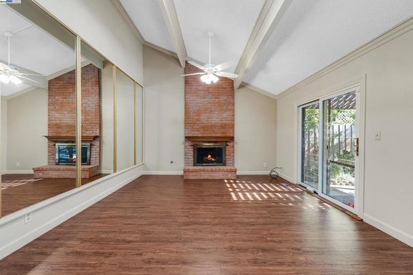 Empty room, Fireplace, Interior, Stone Walls, Wood Texture Flooring