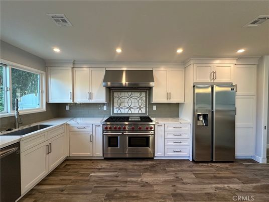Interior, Kitchen, Recessed Lighting, Stainless Steel Appliances, Wood Texture Flooring