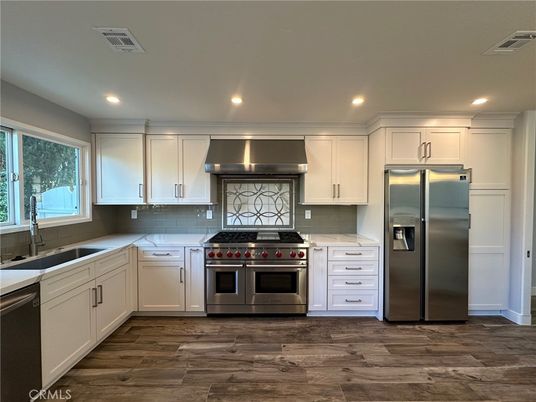 Interior, Kitchen, Recessed Lighting, Stainless Steel Appliances, Wood Texture Flooring