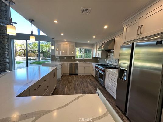 Interior, Kitchen, Pendant Lights, Recessed Lighting, Stainless Steel Appliances, Wood Texture Flooring