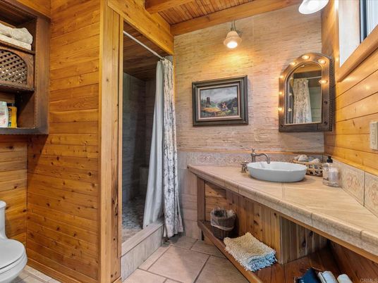 Bathroom, Interior, Tile Countertops, Wooden Beams, Wooden Ceilings, Wooden Walls