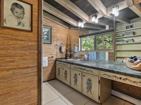 Bathroom, Interior, Tile Countertops, Wooden Ceilings, Wooden Walls
