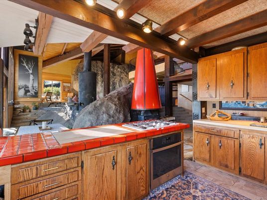 Interior, Kitchen, Tile Countertops, Wooden Beams