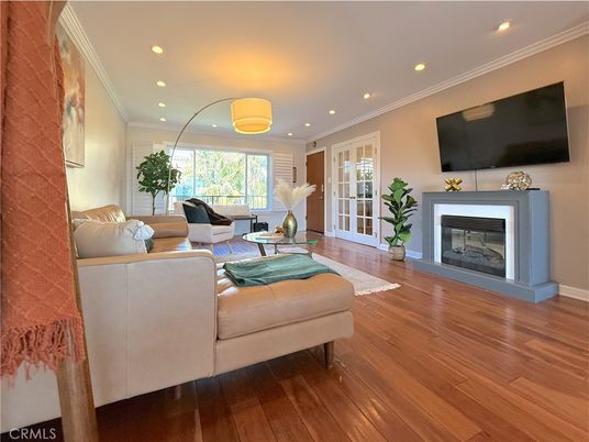 Fireplace, Interior, Living room, Recessed Lighting, Wood Texture Flooring
