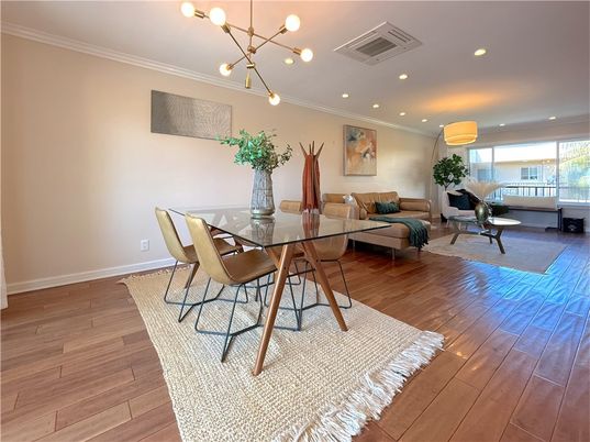 Dining room, Interior, Living room, Pendant Lights, Recessed Lighting, Wood Texture Flooring