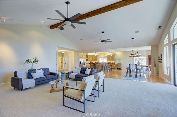 Chandelier, Dining room, Interior, Kitchen, Living room, Pendant Lights, Recessed Lighting, Wooden Beams, Wood Texture Flooring
