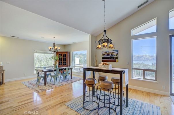 Chandelier, Dining room, Interior, Pendant Lights, Wood Texture Flooring