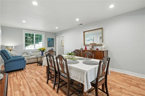Dining room, Interior, Living room, Recessed Lighting, Wood Texture Flooring