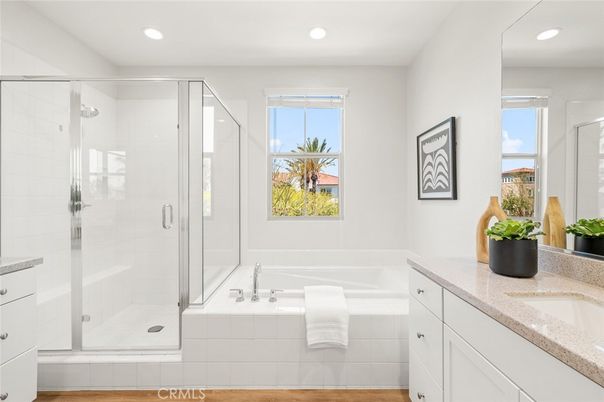 Bathroom, Glass Shower, Interior, Recessed Lighting, Wood Texture Flooring