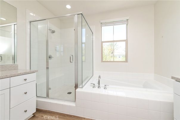 Bathroom, Glass Shower, Interior, Recessed Lighting, Wood Texture Flooring