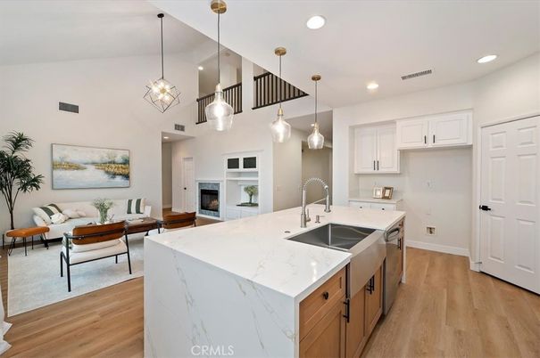 Fireplace, Interior, Kitchen, Living room, Pendant Lights, Recessed Lighting, Wood Texture Flooring