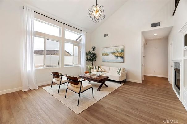 Fireplace, Interior, Living room, Pendant Lights, Wood Texture Flooring