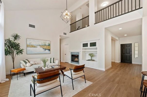 Fireplace, Interior, Living room, Pendant Lights, Recessed Lighting, Wood Texture Flooring