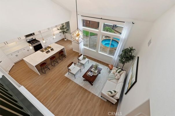 Interior, Kitchen, Living room, Pendant Lights, Wood Texture Flooring