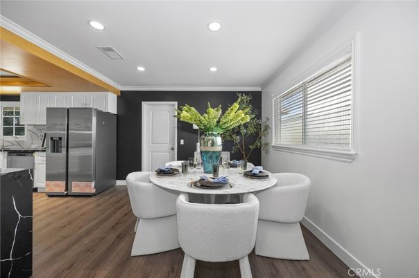 Dining room, Interior, Kitchen, Recessed Lighting, Stainless Steel Appliances, Wood Texture Flooring