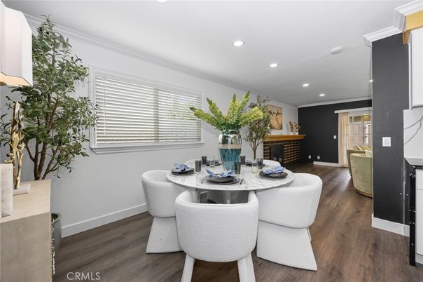 Dining room, Interior, Recessed Lighting, Wood Texture Flooring
