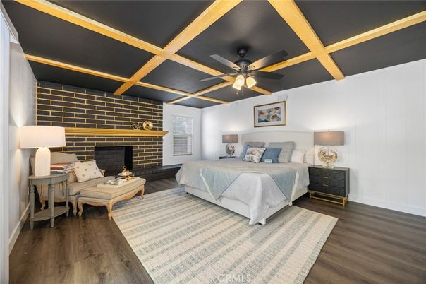 Bedroom, Fireplace, Interior, Stone Walls, Wood Texture Flooring