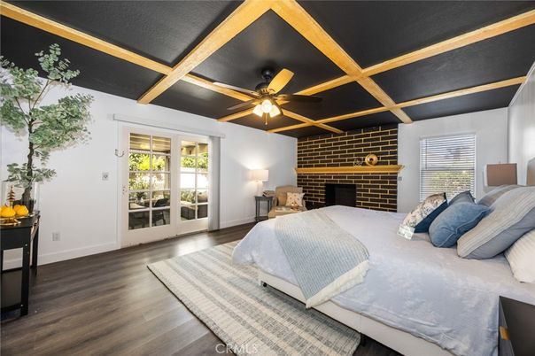 Bedroom, Fireplace, Interior, Stone Walls, Wood Texture Flooring